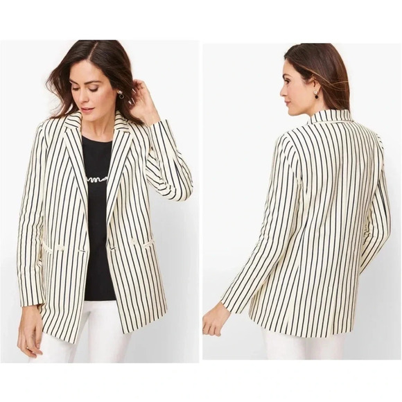 Talbots Blazer Jacket Coat Stripe White Cream Black One button Career Wear 8 - Picture 1 of 9